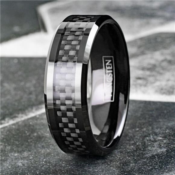 Men's Wedding Band Rings Black Carbon Fiber Inlay Wedding Rings for Men & Women - Picture 4 of 7